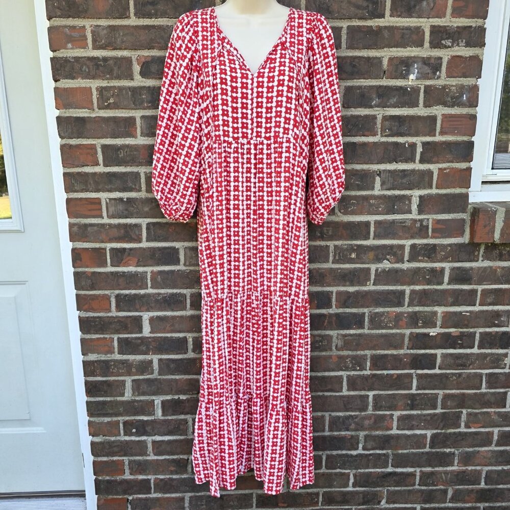 Red White Boho Maxi Dress Puff Sleeves Floral Flowy Casual Long Size Medium
